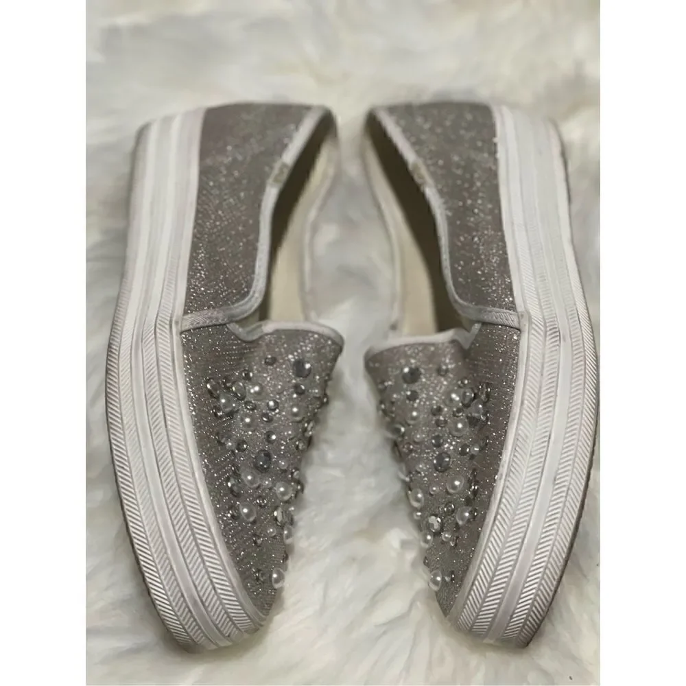 Kate spade Keds sneakers wedding Bridal silver beads pearl sparkly slip on 8